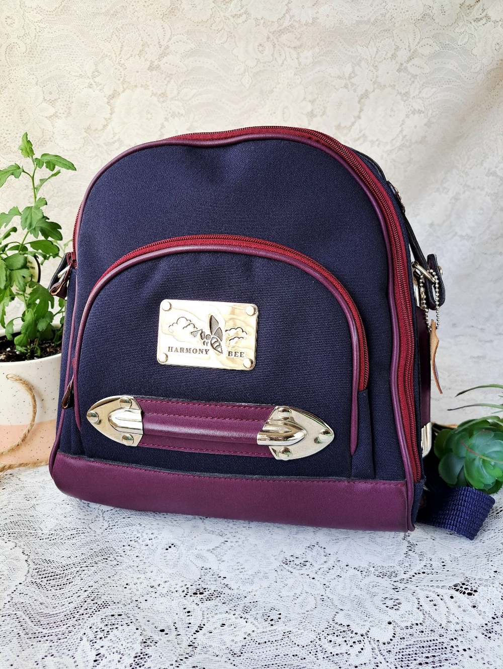 Small Canvas & Leather Backpack Navy and Plum with Silver Hardware Bee Accent